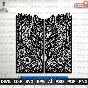 Pode incluir: Arte de parede preta cortada a laser com um design simétrico de um lobo, emoldurado por padrões florais e de galhos de árvores. Download digital com formatos DWG, DXF, SVG, EPS, AI, PSD, PDF e PNG.