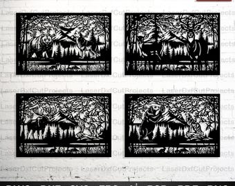 Op de afbeelding: Vier zwarte lasergesneden wandkunstpanelen met wildtaferelen. Elk paneel toont een ander boslandschap met dieren zoals beren, herten en wolven, met bomen en bergen op de achtergrond. De tekst onderaan de afbeelding luidt: DWG - DXF - SVG - EPS - AI - PSD - PDF - PNG.