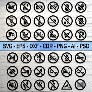 Puede incluir: Una colección de señales de prohibición en blanco y negro, cada una dentro de un círculo, contra una pared de ladrillos blancos. Los letreros representan diversas actividades y objetos, como cámaras, teléfonos y fumar. El texto en la parte inferior dice "SVG - EPS - DXF - CDR - PNG - AI - PSD".