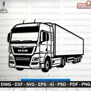 May include: Black and white line art of a semi-truck with a trailer. The truck features the "MAN" logo on the front and is designed for wall art. The image includes digital download file formats: DWG, DXF, SVG, EPS, AI, PSD, PDF, and PNG.
