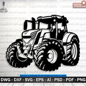 Peut inclure: Illustration en noir et blanc d'un tracteur. L'image présente un dessin détaillé d'un tracteur, avec de grands pneus et des détails mécaniques complexes. La conception est étiquetée comme un téléchargement numérique, pour l'art mural.