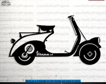 May include: Black metal wall art of a vintage scooter. The scooter features a seat, headlight, and wheels. The design includes the text "Vespa 45". The image is a digital download.