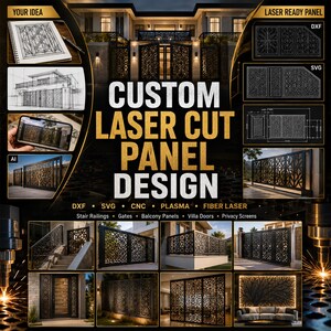 May include: An advertisement for custom laser-cut panel designs. The image displays examples of laser-cut panels used for gates, balcony panels, and privacy screens. Text includes "CUSTOM LASER CUT PANEL DESIGN" and file formats like DXF and SVG.