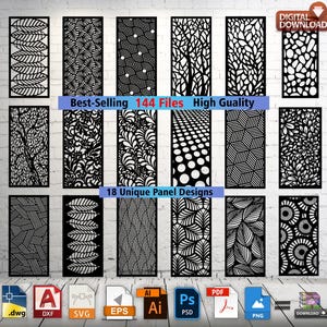 May include: A selection of 18 black panel designs featuring diverse patterns such as leaves, geometric shapes, and abstract art. The image also includes file format icons and the text "Best-Selling 144 Files High Quality".