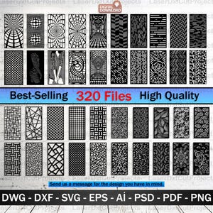 Pode incluir: Uma coleção de designs cortados a laser em preto e branco, apresentando vários padrões geométricos e abstratos. A imagem inclui o texto "Best-Selling 320 Files High Quality" e opções de formato de arquivo: DWG, DXF, SVG, EPS, AI, PSD, PDF e PNG.