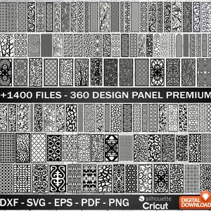以下が含まれることがあります： 白黒の装飾パネルデザインのグリッド。画像には、花柄、幾何学模様、抽象的な形など、さまざまなパターンが使用されています。画像には「+1400 FILES - 360 DESIGN PANEL PREMIUM」と「DXF - SVG - EPS - PDF - PNG」と書かれています。