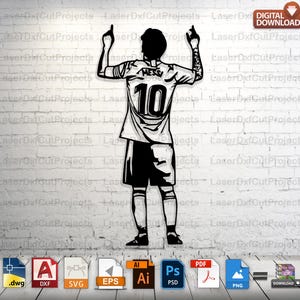 Puede incluir: Silueta en blanco y negro de un jugador de fútbol con los brazos en alto en señal de celebración. El jugador lleva una camiseta con el número 10 y el nombre "Messi" en la espalda.