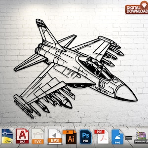 Puede incluir: Dibujo lineal en blanco y negro de un avión de combate, con alas, fuselaje y armamento detallados. La imagen incluye el texto "DESCARGA DIGITAL" en la esquina superior derecha. Debajo del avión hay iconos de formato de archivo.