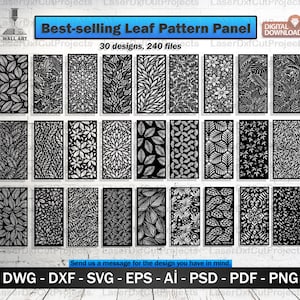 May include: A collection of 240 digital files featuring 30 unique leaf pattern designs. The panels are displayed in a grid, showcasing various botanical motifs in black and white. The text "Best-selling Leaf Pattern Panel" is at the top.