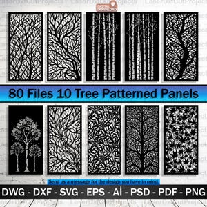 Pode incluir: Dez painéis pretos com padrões de árvores com vários designs, incluindo bétulas e galhos frondosos. O texto "80 arquivos 10 painéis com padrões de árvores" é exibido. A imagem também inclui opções de formato de arquivo: DWG, DXF, SVG, EPS, AI, PSD, PDF e PNG.