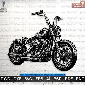 May include: Black and white Harley Davidson motorcycle design. The image features a detailed illustration of a classic motorcycle, including the handlebars, engine, wheels, and the Harley Davidson logo on the gas tank. The image also includes the text "DIGITAL DOWNLOAD".