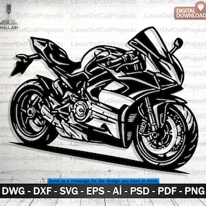 May include: Black and white motorcycle cut-out design. The image shows a detailed silhouette of a sport bike, with visible wheels, engine, and body panels. The design includes the text "DIGITAL DOWNLOAD" and file type options.