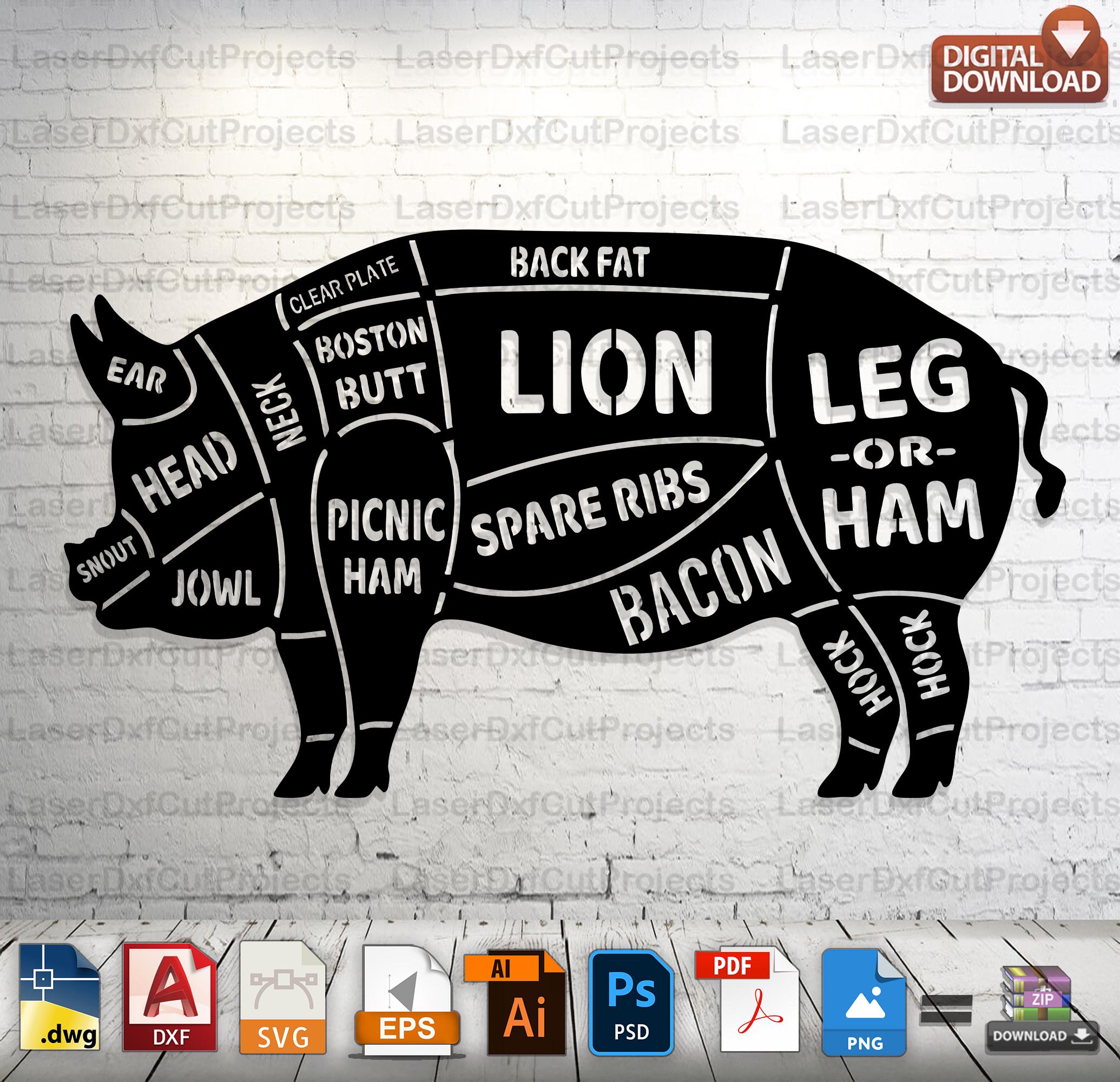 Pork Butcher Chart SVG DXF: Laser Cut Pig Diagram (digital File