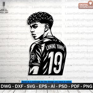 Könnte beinhalten: Eine schwarz-weiße digitale Grafikillustration eines Fußballspielers mit lockigem Haar, von hinten und von der Seite dargestellt. Der Spieler trägt ein Trikot mit dem Namen LAMINE YAMAL und der Nummer 19 auf dem Rücken sowie der Nummer 19 am Ärmel.