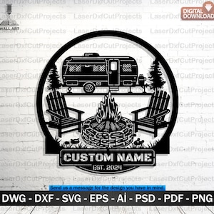 May include: Black metal wall art featuring a camper, Adirondack chairs, and a campfire. The design includes a banner that reads "CUSTOM NAME EST. 2024". The artwork is surrounded by a circular frame and includes trees.