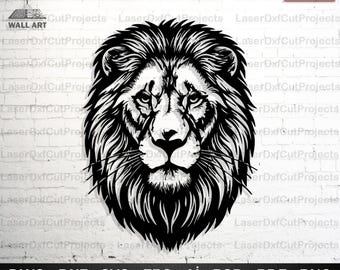 Download digitale di file DXF, SVG di arte murale con volto di leone, taglio laser, file vettoriali