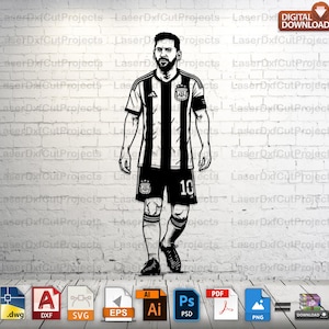 Könnte beinhalten: Schwarz-weiße digitale Illustration eines Fußballspielers in einem gestreiften Trikot mit der Nummer 10. Das Bild ist ein digitaler Download und in verschiedenen Dateiformaten wie SVG, PNG und PDF verfügbar.