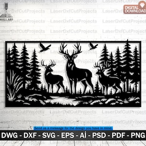 May include: Black metal wall art depicting a forest scene with three deer and pine trees. Two birds fly above the deer. The words "DIGITAL DOWNLOAD" are in the upper right. File type options are listed at the bottom.