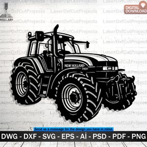 Op de afbeelding: Zwart-wit tractor uitgesneden ontwerp. De tractor heeft grote banden, een gedetailleerde cabine en de tekst "NEW HOLLAND TM190". De afbeelding bevat ook de tekst "DIGITALE DOWNLOAD" en bestandsopties.