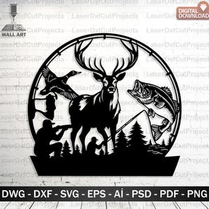 Caza de ciervos y peces SVG DXF: Archivos vectoriales CNC cortados con láser