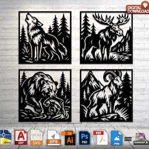 May include: Four black metal wall art panels featuring wildlife scenes. Includes a howling wolf, a moose, a bear with a fish, and a mountain goat. Each panel is framed with a square border and set against a white brick wall.