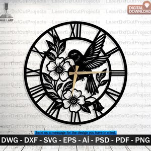 May include: Black laser-cut wall clock with a hummingbird, flowers, and Roman numerals. The clock hands are gold. The design includes the text "DIGITAL DOWNLOAD" and file format options: DWG, DXF, SVG, EPS, AI, PSD, PDF, and PNG.