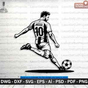 Peut inclure: Art numérique en noir et blanc d'un joueur de football en train de frapper un ballon. Le joueur porte un maillot avec le nom "MESSI" et le numéro "10". Formats de fichiers inclus : DWG, DXF, SVG, EPS, AI, PSD, PDF, PNG.