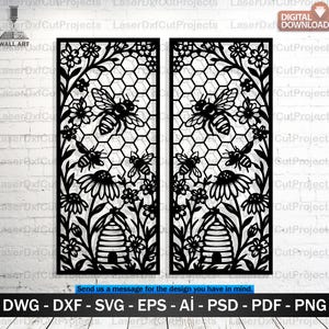 May include: A set of two rectangular black laser-cut wall art panels featuring a repeating honeycomb pattern, bees, flowers, and a beehive. The design includes the text DIGITAL DOWNLOAD and a list of file formats including DWG, DXF, SVG, EPS, AI, PSD, PDF, and PNG.