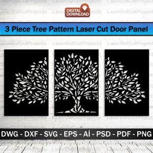 Op de afbeelding: Driedelige lasergesneden deurpaneel met een boompatroon. Het ontwerp is wit tegen een zwarte achtergrond. De afbeelding bevat de tekst "3 Piece Tree Pattern Laser Cut Door Panel" en bestandsformaatopties: DWG, DXF, SVG, EPS, AI, PSD, PDF en PNG.