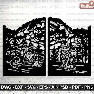 Puede incluir: Dos paneles negros cortados con láser con diseños de lobos en un entorno forestal. Un lobo está acostado, el otro está sentado. Los paneles incluyen árboles y siluetas de montañas. La parte inferior de la imagen incluye opciones de formato de archivo.