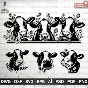 Op de afbeelding: Zwart-wit lasergesneden wandkunst met koeien en bloemaccenten. Het ontwerp omvat een groep koeien en individuele koeienkoppen. De afbeelding bevat ook de tekst "DWG - DXF - SVG - EPS - AI - PSD - PDF - PNG".
