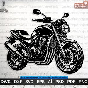 Peut inclure: Illustration en noir et blanc d'une moto. L'image présente un dessin détaillé d'une moto avec des composants visibles tels que le moteur, les roues et le guidon. L'image comprend le texte "DWG - DXF - SVG - EPS - AI - PSD - PDF - PNG".