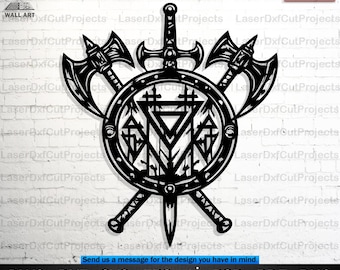 Vikingschild en wapens SVG DXF – CNC lasergesneden digitaal bestand Nordic Wall Art