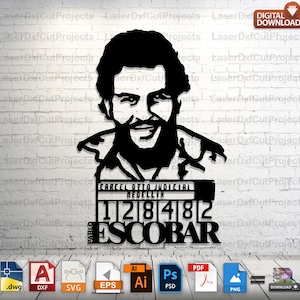 Op de afbeelding: Zwart silhouet van Pablo Escobar met de tekst "CARCEL OTTO JUDICIAL MEDELLIN 128482 PABLO ESCOBAR". Digitale downloadbestanden zijn beschikbaar in verschillende formaten. De afbeelding staat tegen een witte bakstenen muur.