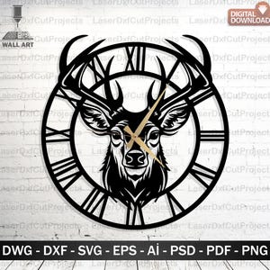 May include: Black metal wall clock featuring a deer head silhouette within a Roman numeral clock face. The clock hands are gold. The design includes the text "WALL ART" and file type options: DWG, DXF, SVG, EPS, AI, PSD, PDF, PNG.