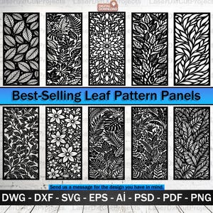 May include: A collection of black and white leaf pattern panels. The panels feature various leaf and floral designs, with the text "Best-Selling Leaf Pattern Panels" displayed prominently. The image also includes file format options: DWG, DXF, SVG, EPS, AI, PSD, PDF, and PNG.