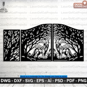 Może przedstawiać: Czarna metalowa grafika ścienna przedstawiająca scenę leśną z dwoma wyjącymi wilkami. Projekt obejmuje drzewa i liście i jest podzielony na trzy panele. Słowa "POBIERANIE CYFROWE" znajdują się w prawym górnym rogu. Na dole obrazu znajdują się opcje typu pliku.