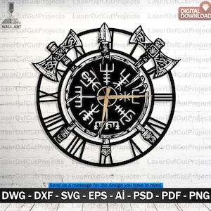 May include: Black wall art clock with a Viking theme. The clock features Roman numerals, axes, and a compass design. The clock hands are gold. The text at the bottom says "DWG - DXF - SVG - EPS - AI - PSD - PDF - PNG".
