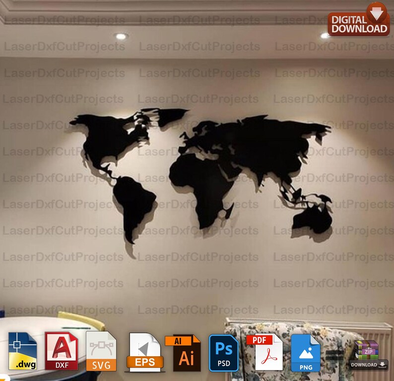 World Map Laser Cut File – Metal Wall Art, CNC Template (digital ...