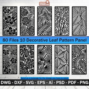 Puede incluir: Una colección de 80 archivos digitales con 10 paneles decorativos de patrones de hojas en blanco y negro. Los diseños incluyen flores de hibisco, hojas de monstera, palmas y tallos de bambú. El texto incluye 80 Files 10 Decorative Leaf Pattern Panel.