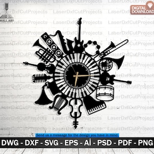 May include: Black wall art clock featuring musical instruments like a guitar, violin, and saxophone. The clock face is designed with piano keys and gold-colored clock hands. The words "DIGITAL DOWNLOAD" are in the upper right corner.