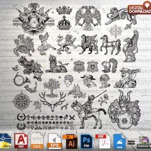 May include: A collection of 30 black and white vector illustrations of heraldic symbols, including lions, eagles, crowns, shields, and other medieval imagery. These illustrations are perfect for use in design projects, crafts, and more.