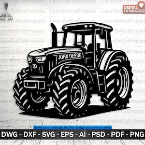 May include: Black and white wall art of a John Deere tractor. The tractor is a detailed silhouette with large tires, a cab, and the John Deere logo. The image includes the text "DIGITAL DOWNLOAD" and file type options.
