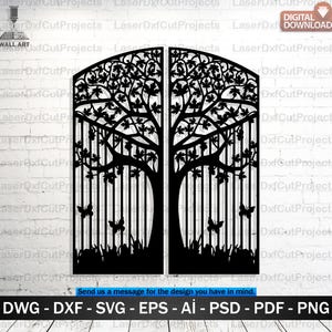 Peut inclure: Décoration murale en métal noir découpée au laser, représentant un arbre avec des feuilles, des papillons et des barres verticales. Téléchargement numérique avec formats DWG, DXF, SVG, EPS, AI, PSD, PDF et PNG.