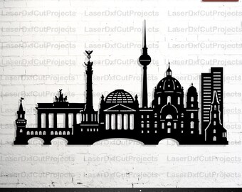 May include: Black silhouette of the Berlin skyline, featuring iconic landmarks like the Brandenburg Gate, the TV Tower, and the Reichstag building. The image includes the text "DIGITAL DOWNLOAD" and file format options: DWG, DXF, SVG, EPS, AI, PSD, PDF, and PNG.