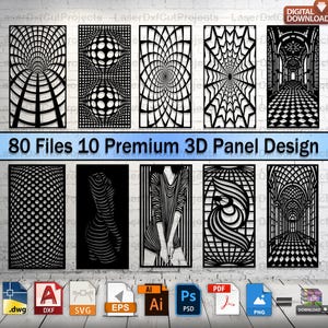 May include: A collection of ten black and white 3D panel designs with various geometric and artistic patterns. The image includes the text "80 Files 10 Premium 3D Panel Design" and several file format icons, including .dwg, .dxf, .svg, .eps, .ai, .psd, .pdf, and .png.