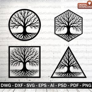 May include: Black laser-cut tree designs in circular, hexagonal, square, and triangular shapes. The tree art features detailed branches and roots. The image includes the text "DWG - DXF - SVG - EPS - AI - PSD - PDF - PNG" and "DIGITAL DOWNLOAD".