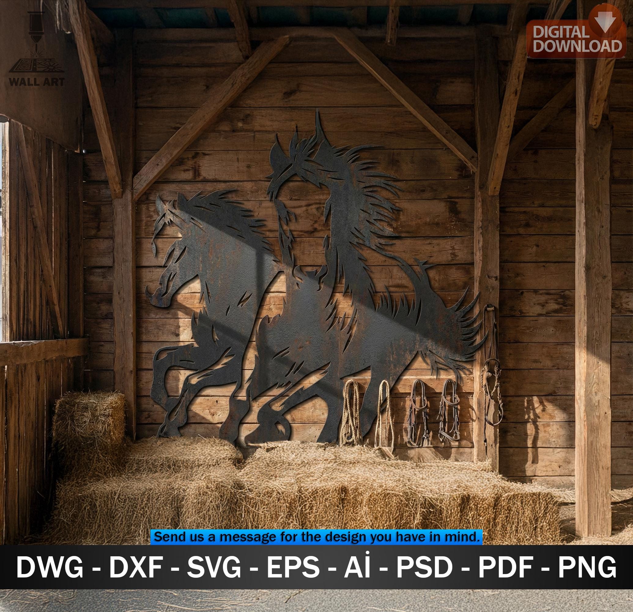 Running Horses DXF File – Two Horse Silhouette for Laser Cut Metal Wall ...