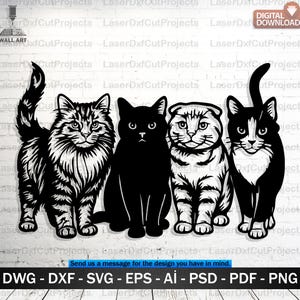 Four Cats SVG DXF – Laser Cut Silhouette Wall Art Digital Download