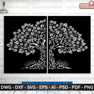 May include: A two-panel black wall art piece featuring a detailed white tree design. The tree has a textured trunk, leafy branches, and grass at the base. The design is a digital download, as indicated by the text.